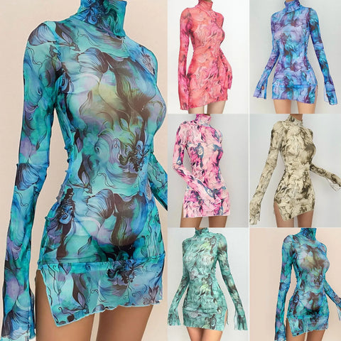 Fashion Printing High Neck Buttock Sexy Mini Dress Women Fashion Flare Sleeve Mesh Chic Party Club