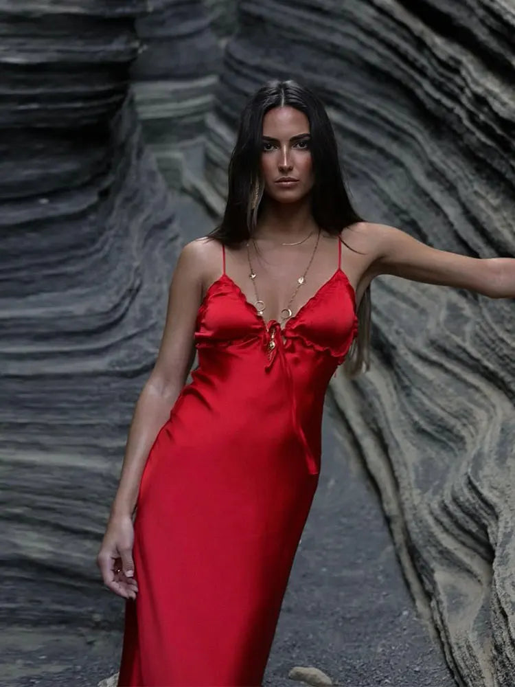 Women's 2024 New Sexy Backless Red Satin Maxi Dress Female Elegant V Neck Lace Up Dress Sleeve Ladies High Street Vestidos