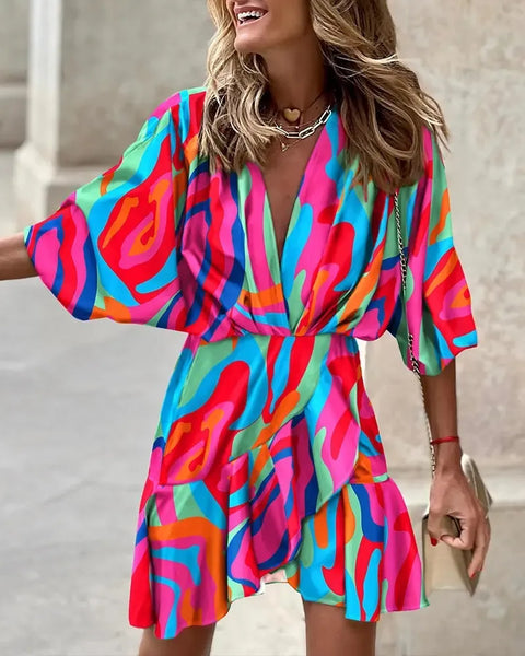 Bat Sleeves Sexy V-Neck Hem Irregular Printed Fashion Loose 5/4 Sleeve Mini Dress