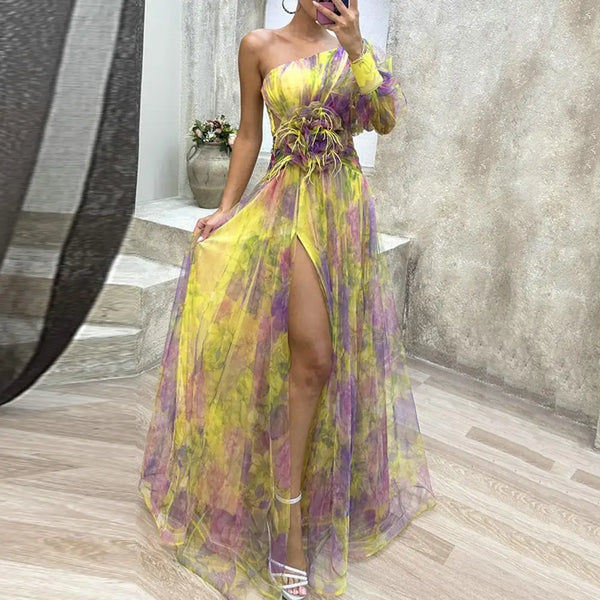 Formal Evening Elegant One Shoulder Tie-dye Ball Gown with Mesh Bubble Sleeve Split Hem Women's Evening Dress