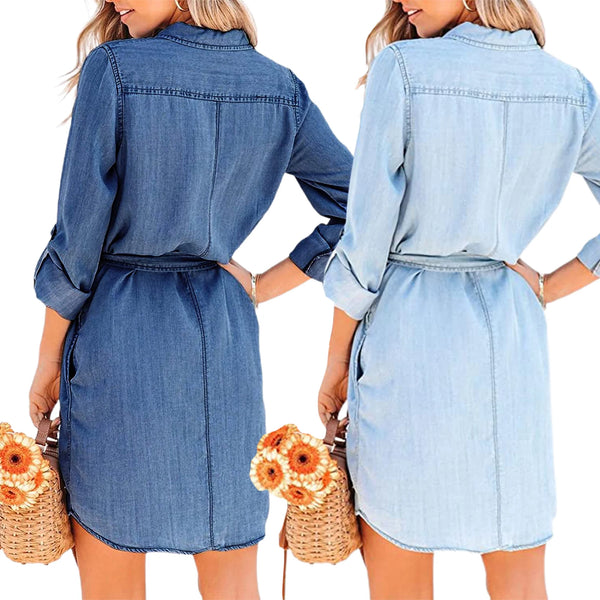 Women Long Dress Long Sleeve Shirt Dress Denim Long Dresses Pocket Button Shirt Print Dress Casual Loose Dress