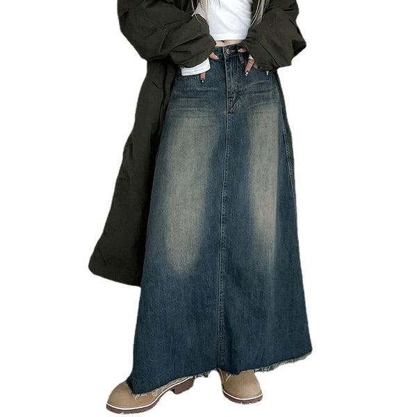 American Style Denim Skirt Women's New Style Washed And Made Old Pockets, Raw Hem, Knee-length Casual A-line Long Skirt