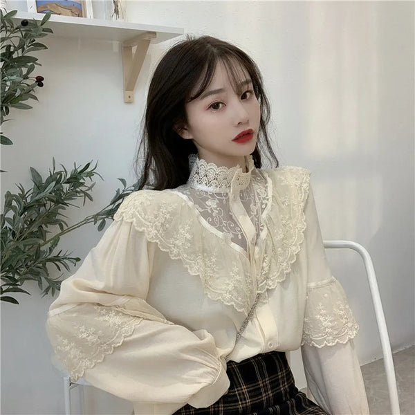 Elegant Ruffled Lace Blouse Women Stand Collar Embroidery White Shirt Long Sleeve Vintage Blouse