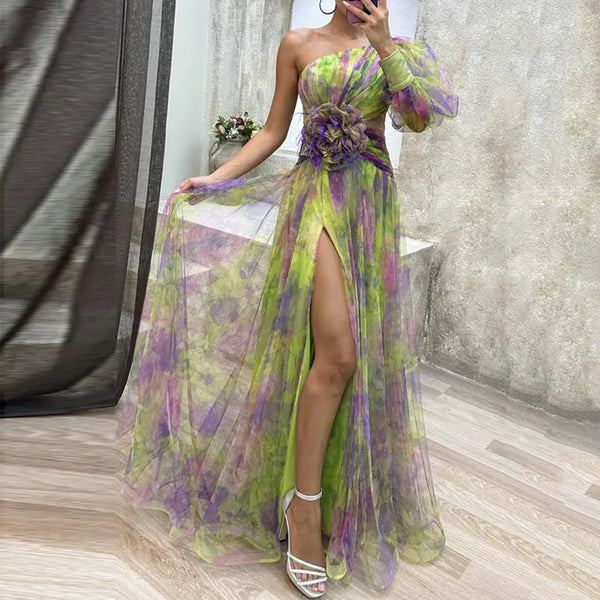 Formal Evening Elegant One Shoulder Tie-dye Ball Gown with Mesh Bubble Sleeve Split Hem Women's Evening Dress