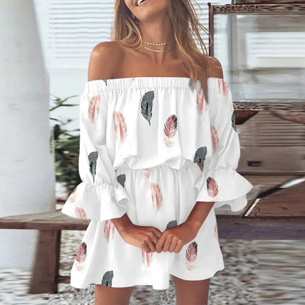 Dress for Women Sexy Off Shoulder Floral Print Flare Sleeve Tunic Dress Women Casual Mini