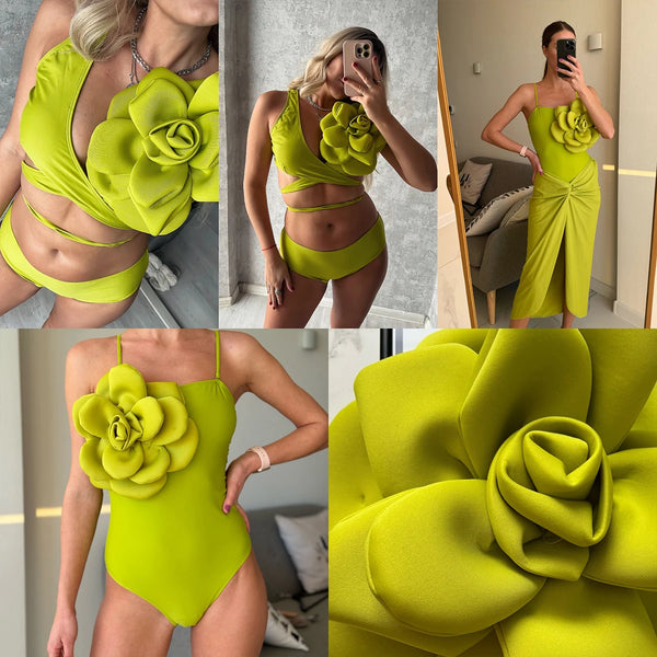 3D Flower Bikini Set With Cover Up Luxury Swimsuit Women Sexy Floral Swimwear High Waist