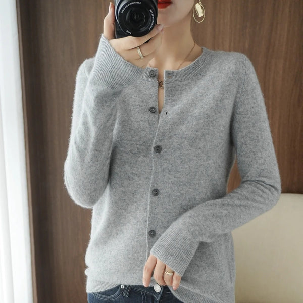 Women's Sweater Hot Selling Round Neck Long Sleeve Basic Coat Women's Cardigan Jacket 100% Wool Knitted Top Pullover