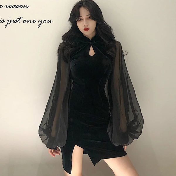 Women's Cheongsam Qipao Dress  Velvet Side Split Lantern Sleeve Slim Fit Long Sleeve Mandarin Collar Mini Dress