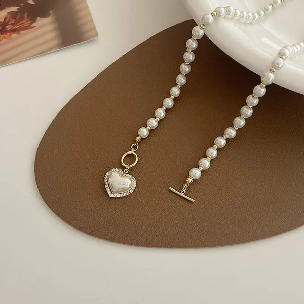 Elegant Pearl Necklace For Women Heart Pendant Luxury Imitation Pearls Chain Necklace Korean Jewelry Gifts