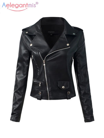 Casual PU Leather Jacket Women Classic Zipper Short Motorcycle Jacket Basic Leather Coat Black