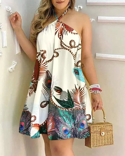 Fashion Neck Lace Up Loose Women's Dress Sexy Off Shoulder Sleeveless Peacock Print Beach Mini Dress