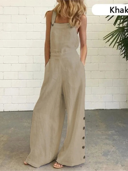 Summer Fashion Women Sleeveless Loose Jumpsuit Solid Pockets Wide Leg Pants Long Trousers Suspenders Street Leisure