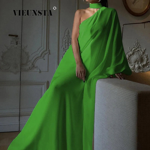 Elegant Halter One-Shoulder Loose Party Solid Color Banquet Maxi Casual Women Fashion