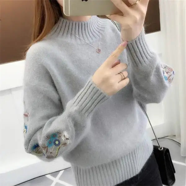 Women Knitted Sweater Floral Embroidery Thick Sweater Pullover New Long Sleeve