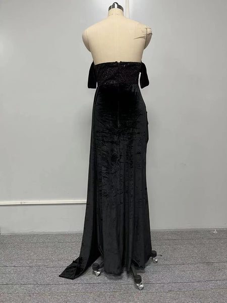 Sexy Backless Evening Party Black Lace Chest Wrapping Off the Shoulder Split Mermaid Prom Gown Maxi Dress