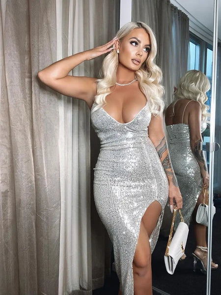 Women Sexy Slit Evening Party Glitter Long Silver Deep V-neck Spaghetti Strap High Split Dress