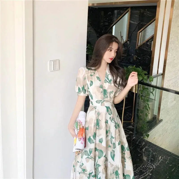 Korean Fashion Elegant Fragmentation Long Paragraph Dress Short-sleeved V-neck Waist A-line Dress