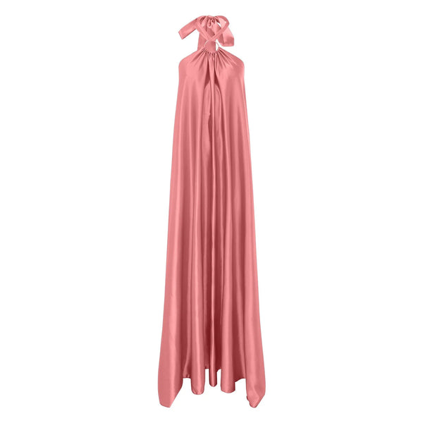 Halter Neck Satin Outfit Sexy Sleeveless Side Slit Flowy Plead Long Female Formal Occasion Dress