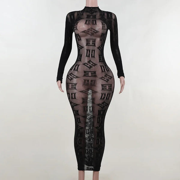 Sexy See Through Bodycon Women Long Sleeve Letter Printed Night Club Party Knitted Female Dress