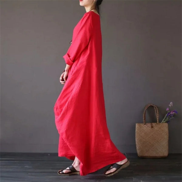 New Loose Size Round Neck Mid-Sleeve Large Swing Cotton And Linen Long Dress