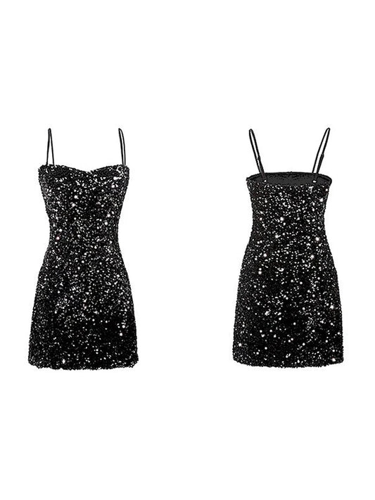 New Design Aesthetic Sexy Halter Sequins Black Dress Evening Woman Party Romantic Loose Sleeveless Stylish Mini Skirt Solid