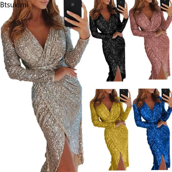 Gold Sliver Green Sequined Party Dress Women Front Split Bodycon Party Bling Clubwear Dress