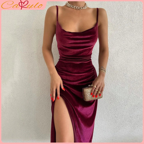 Velvet Swing Collar Sleeveless Slip Sexy Slit Maxi New Fashion Evening Party Women Elegant Streetwear