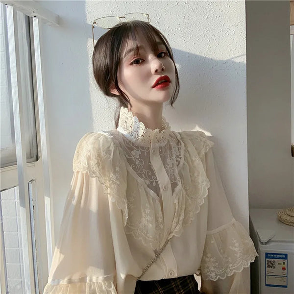 Elegant Ruffled Lace Blouse Women Stand Collar Embroidery White Shirt Long Sleeve Vintage Blouse