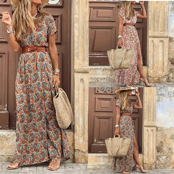 Long Dress Short Sleeve Belt Color Printed V-neck Slit Robe Dress Casual Commuting Vacation