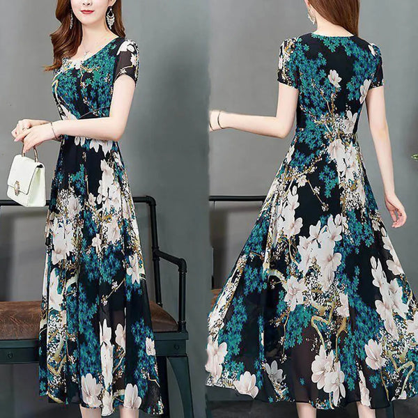 Short Sleeve Fashion Slim Fit Floral Round Neck Medium Length Dress A- shaped Printed Polyester