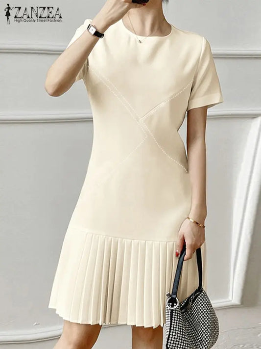 ZANZEA Elegant Short Pleated Fashion Patchwork Casual Vintage Slim Short Sleeve Dress