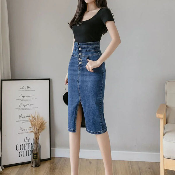 Fashion Split Denim Skirt Woman Korean Style High Waist Button Blue Midi Skirt Women Elegant Office A-Line Skirts