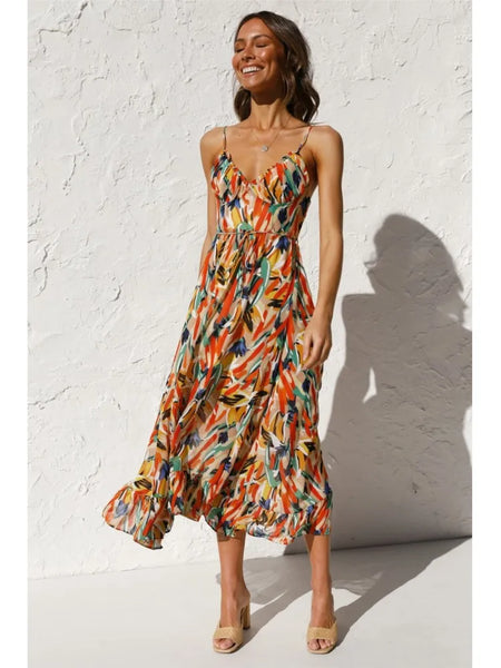 Summer Printed Dress For Women Sexy Spaghetti Strap Boho Beach Vacation Sundress V-neck  Backless Dresses Femme Vestidos