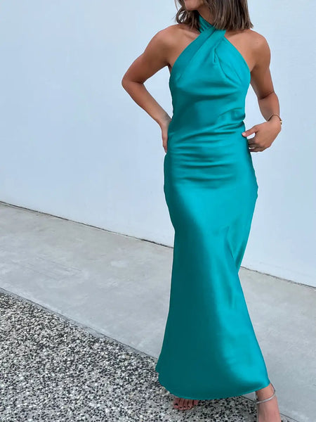 Halter Neck Satin Long Solid Color Backless Beach Party Streetwear Women Sleeveless Elegant Dress