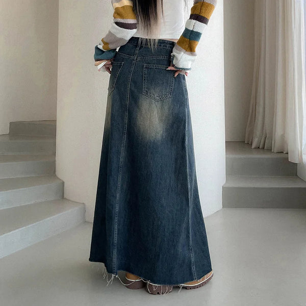 American Style Denim Skirt Women's New Style Washed And Made Old Pockets, Raw Hem, Knee-length Casual A-line Long Skirt