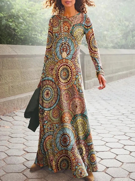 Women's Vintage Boho 3D Geometric Print Dress New Skirt O Neck Long Sleeve Loose Waist Dresses Lady Robe Long Skirt