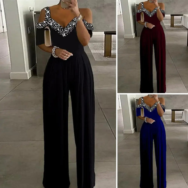 Women Jumpsuit Thin Gown Jumpsuit V-neck Popular Women Straight Wide Leg One-piece Jumpsuit Workwear