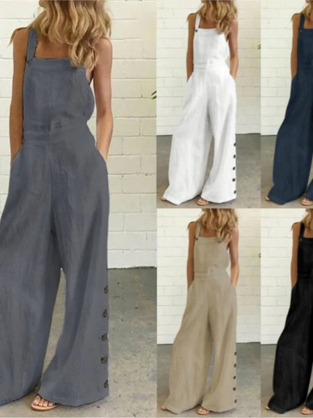 Summer Fashion Women Sleeveless Loose Jumpsuit Solid Pockets Wide Leg Pants Long Trousers Suspenders Street Leisure