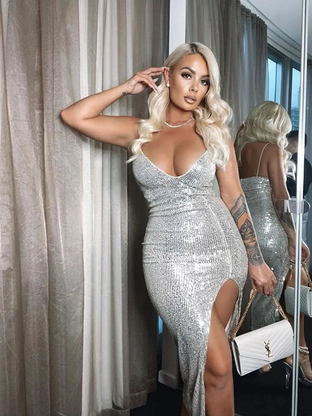 Women Sexy Slit Evening Party Glitter Long Silver Deep V-neck Spaghetti Strap High Split Dress