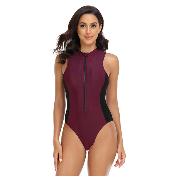 One Piece Sports Swimsuit Women Bodysuit Swimwear with Zipper Female Solid Beach Bathing Suit