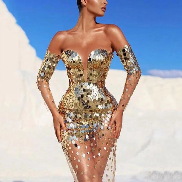 Sexy Sequin Mesh See Through Off Shoulder Tassel Gold Long Evening Dress