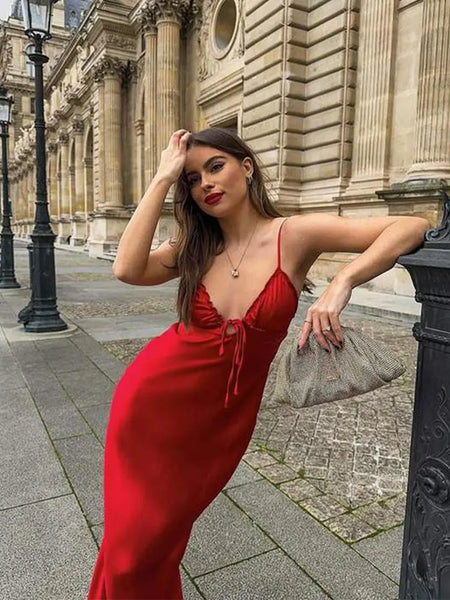 Women's 2024 New Sexy Backless Red Satin Maxi Dress Female Elegant V Neck Lace Up Dress Sleeve Ladies High Street Vestidos