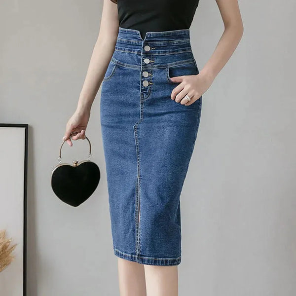 Fashion Split Denim Skirt Woman Korean Style High Waist Button Blue Midi Skirt Women Elegant Office A-Line Skirts