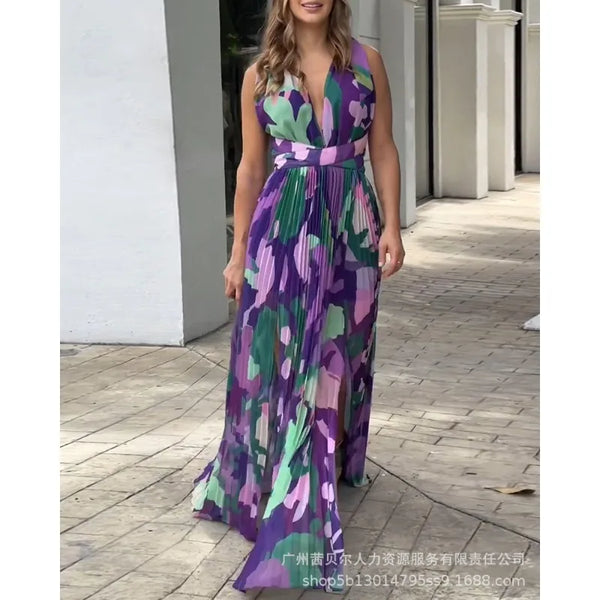 Summer Autumn Floral Print Pleated Slit Dress Women's Fashion Backless Sleeveless V-neck High Waist Dress