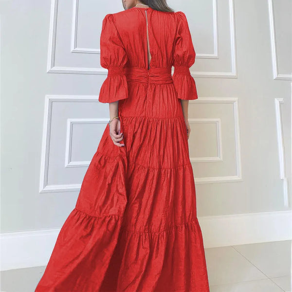 Fashion V-Neck Bubble Sleeve Long Dress