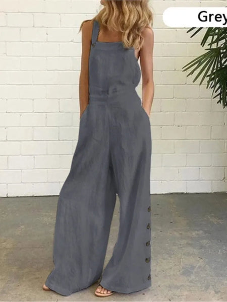 Summer Fashion Women Sleeveless Loose Jumpsuit Solid Pockets Wide Leg Pants Long Trousers Suspenders Street Leisure