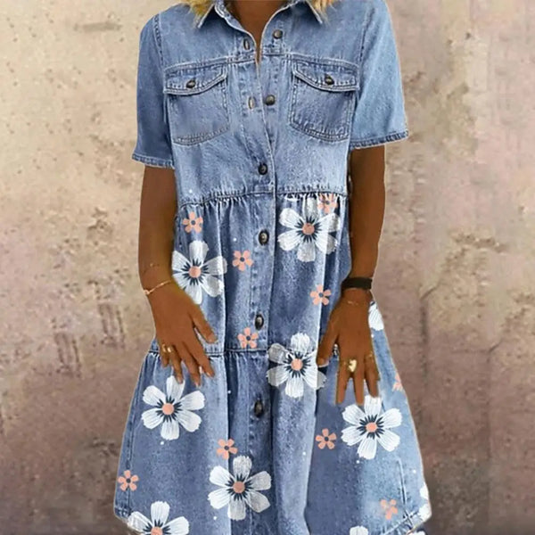 Distressed Denim Dress Knee-length Women Dress Buttons Breathable Turn Down Collar Floral Print Buttons Dress