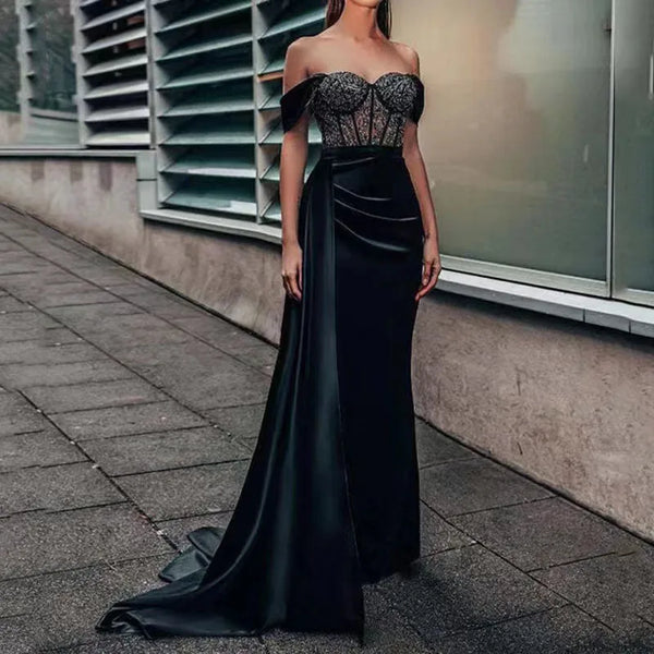 Sexy Backless Evening Party Black Lace Chest Wrapping Off the Shoulder Split Mermaid Prom Gown Maxi Dress