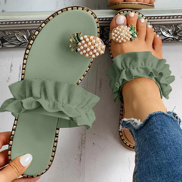Women Slipper Pineapple Pearl Flat Toe Bohemian Casual Shoes Beach Sandals Ladies Shoes Platform Sandalias De Mujer Verano 2020