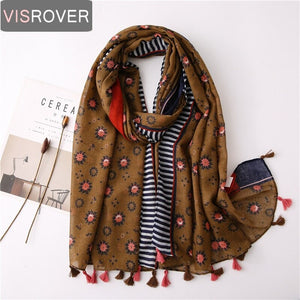 Visrover New Summer Bright Floral Scarfs For Women Geometric Print Scarf Tassel Beach Top Dress Viscose Green Scarf Shawl Women